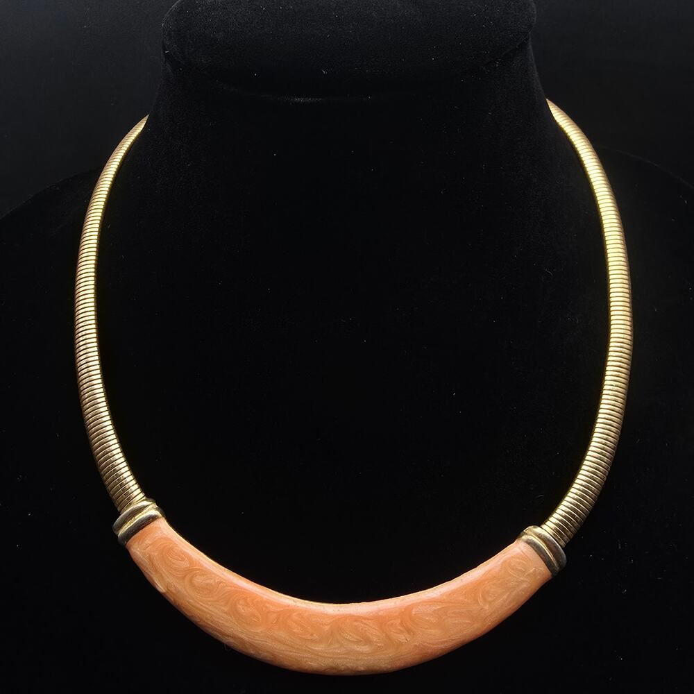 Peach Enamel Gold Tone Omega Necklace Vintage Costume Jewelry